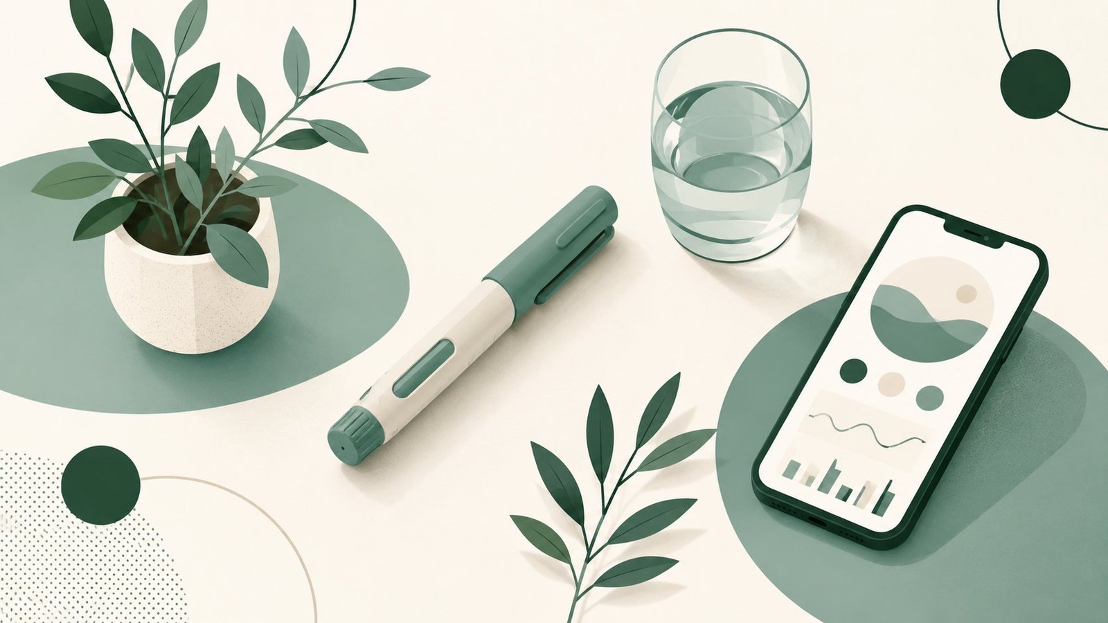 Best GLP-1 for weight loss without insurance — editorial illustration of GLP-1 injection pen, glass of water, plant, and wellness app on a sage and cream background